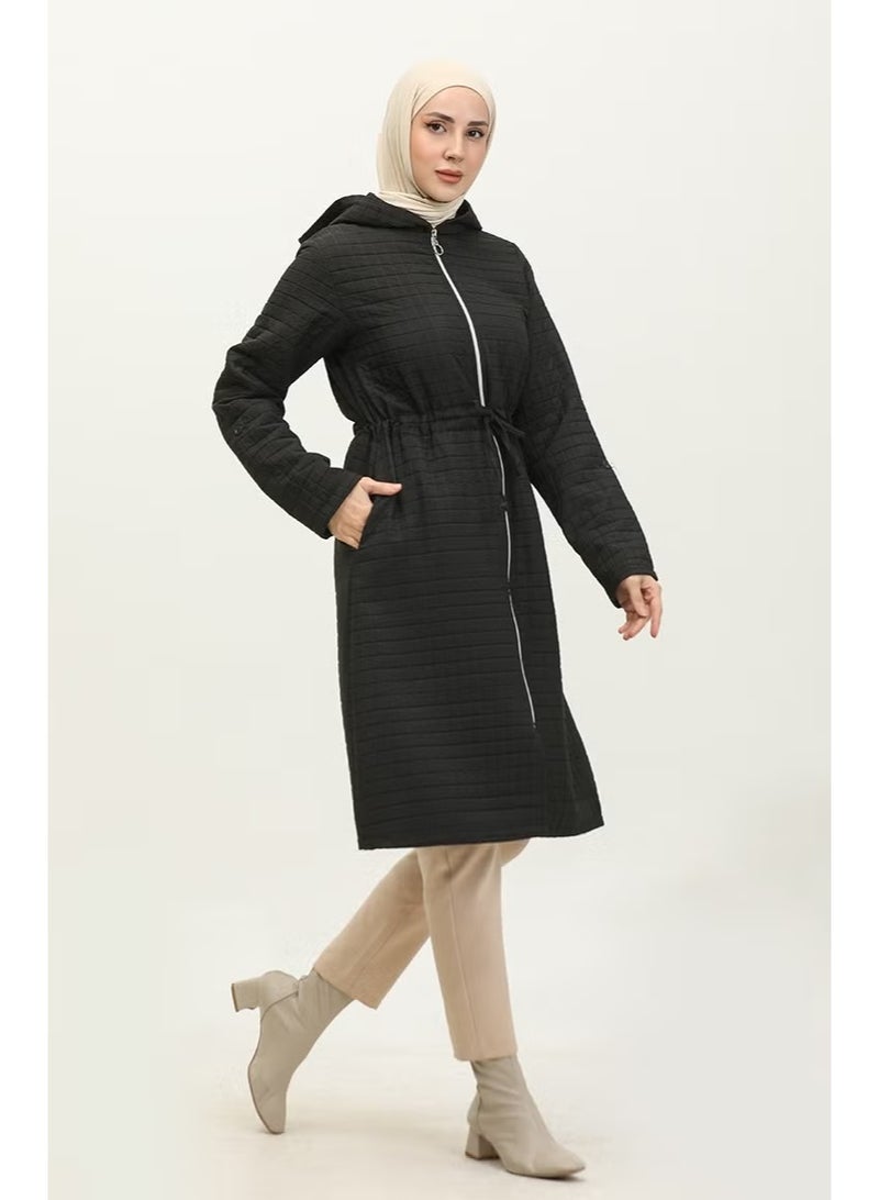 Sefa Merve Women's Hooded Drawstring Waist Cape - Black - Image 1